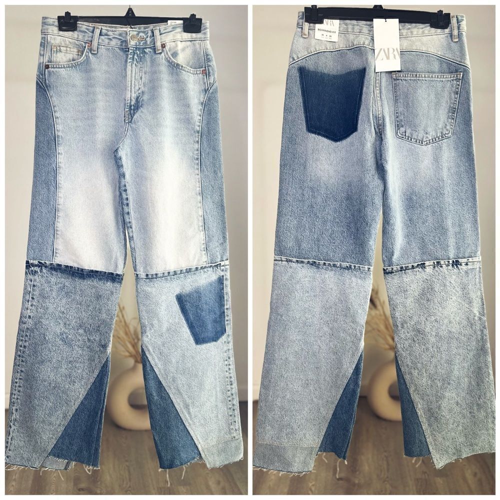 Zara Patchwork Jeans Low Rise Boyfriend New
